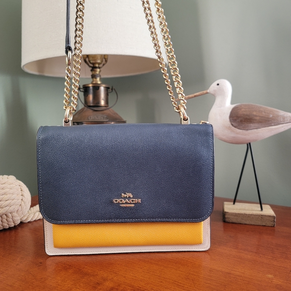 Coach C2860 Klare Colorblock Chain Crossbody Navy Yellow Chalk Leather Bag - Picture 2 of 16